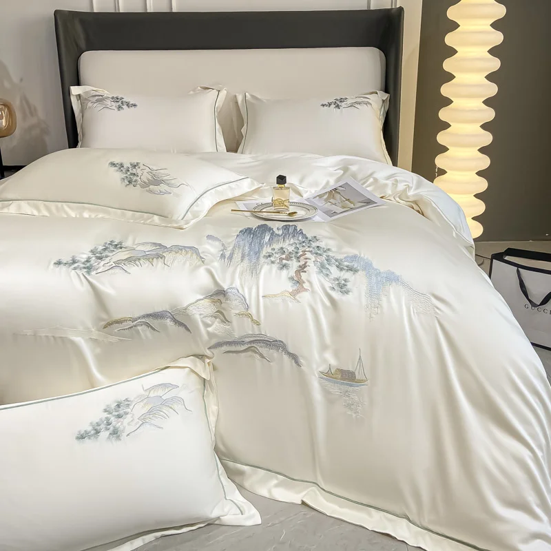 

Summer Ice Silk New Chinese Style Landscape Embroidery King Bedding Smooth Soft Duvet Cover Bed Sheet Set Pillowcase