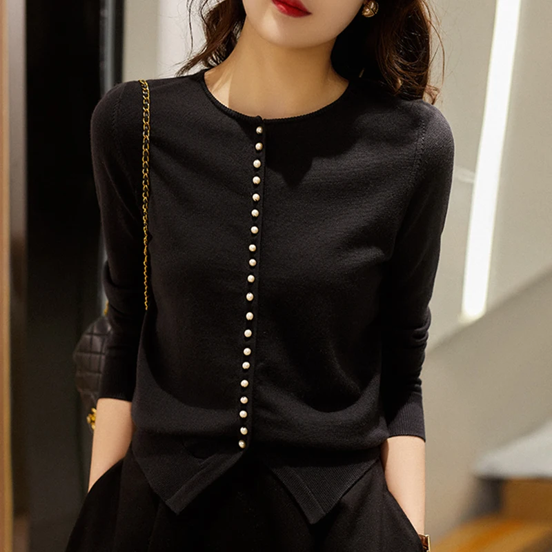 Весенне-осенний серый женский однобортный тонкий жакет с бисером кардиган топ