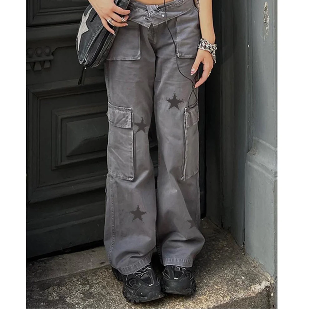

Y2K Streetwear Pockets Up Cargo Jeans Grey Star Print Low Rise Gothic Straight Pants Denim Grunge Baggy Pant Vintage
