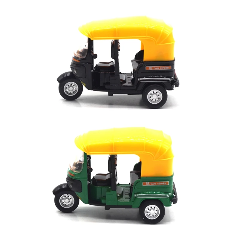 

2Pcs High Simulation Indian Tricycle Cars Toy India Pull Back Light Sound Motorcycle Toys Car - Black & Green