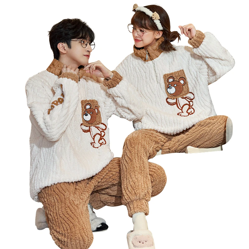 Winter Thicken Couple Pajamas Sets Women Men Sleepwear Kawaii Bear Soft Couples Cartoon Pajama Man Homewear Sets Pyjamas Suit