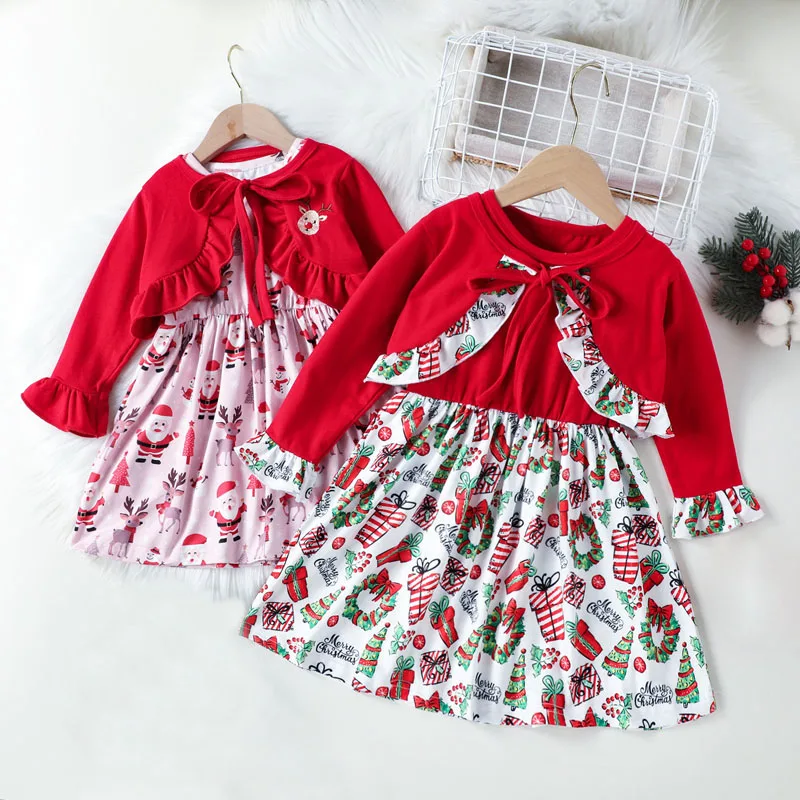 

Детский комплект из 2 предметов, Рождественская одежда для маленьких девочек, платье-майка без рукавов с принтом и шаль с длинным рукавом, де...