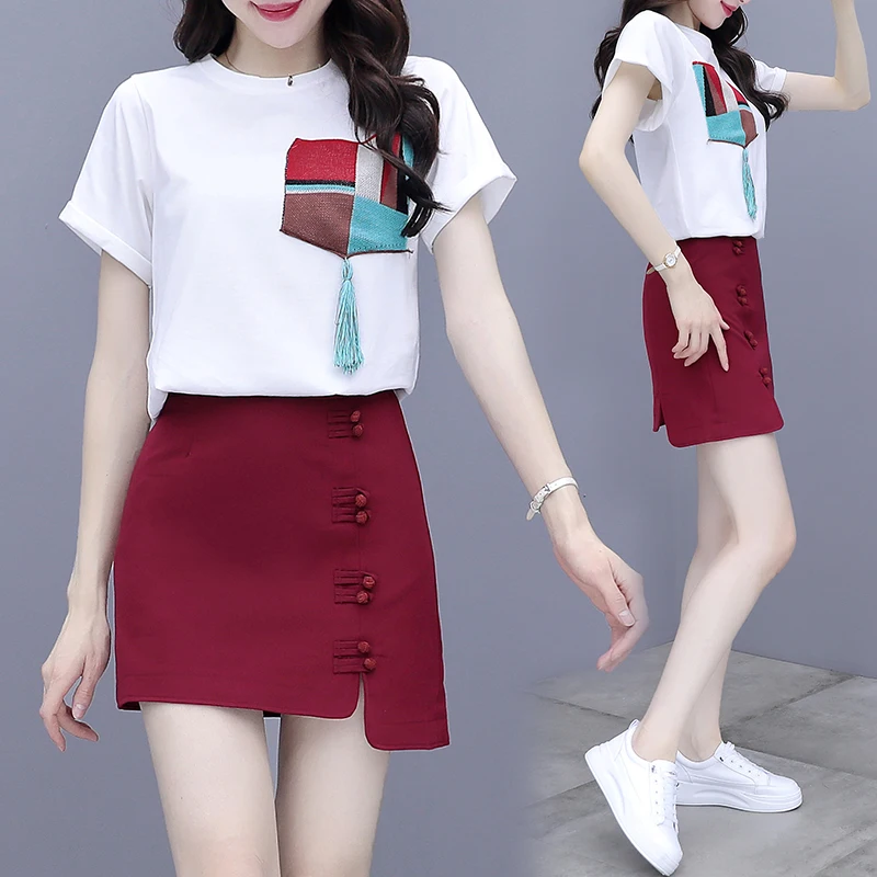

2 Piece Sets Womens Outfits 2022 New Fashion Chic And Elegant Short Sleeve Tshirt Top + High Waist Mini Skirt Casual Office Suit