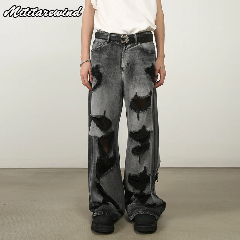 Джинсы мужские рваные в стиле хип-хоп модные брюки с эффектом потертости