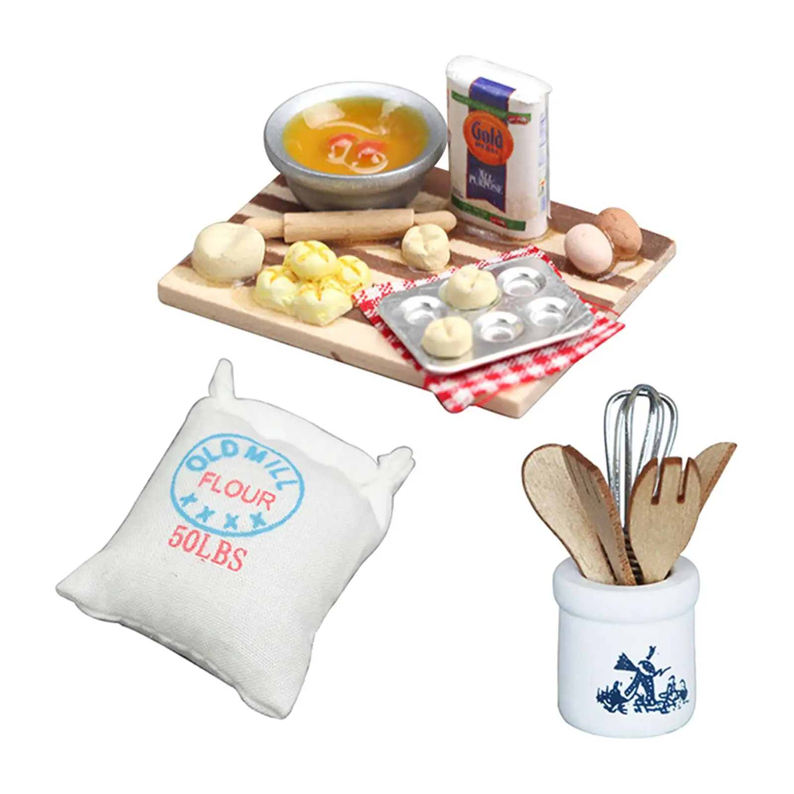 

1/12 Dolls Baking Tool Egg, Rolling Pin,Egg Bowl,Milk, Baking Tray, Paste, Flour, and Chopping Board Set Miniature Accessory