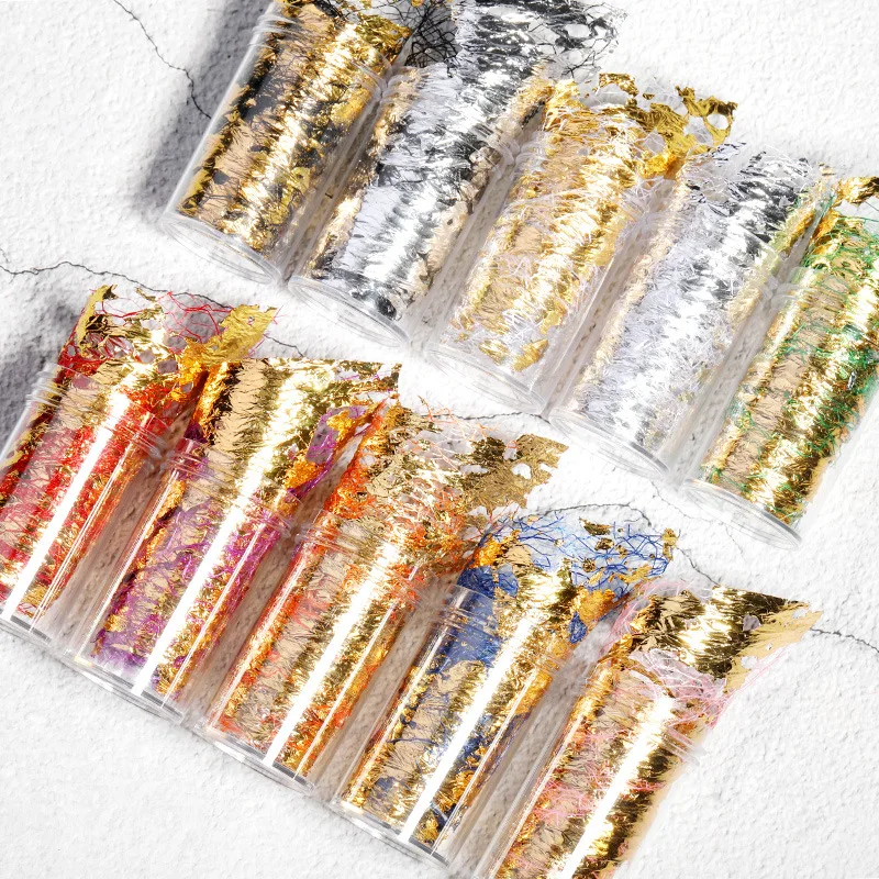 

10 rolls/1 set Nail Art Gold Foil Saree Net 5 Colors Gold and Silver Thread Fragments DIY Glamour Nail Art Sticker Decoration