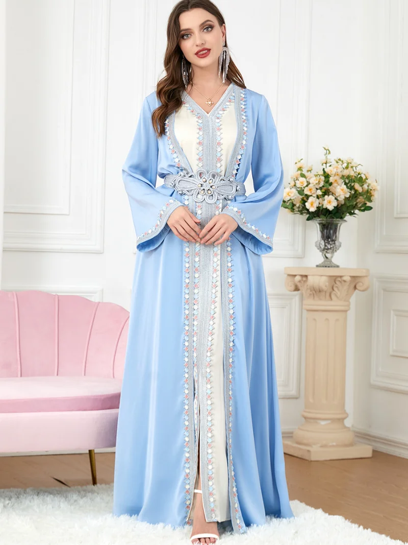 

Abaya Dubai Luxury Woman Party Dress For Wedding Floral Embroidery Guipure Lace Panel Belted Kaftan Chand Raat Eid al-Fitr 2023