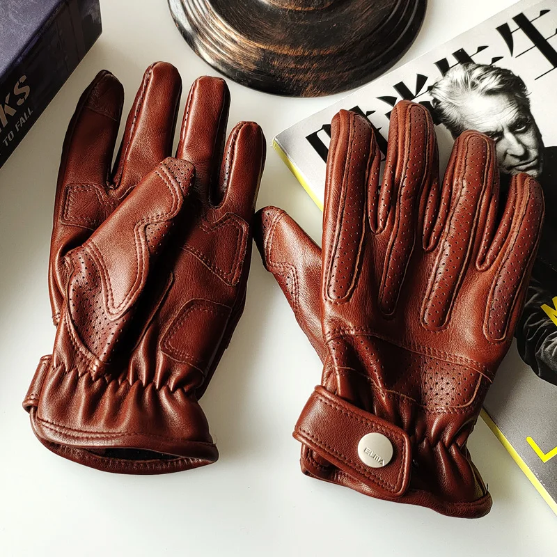 Locomotive Lambskin Gloves For Men European and American Retro Brown Male Protective Gear Professional Riding Leather Mittens