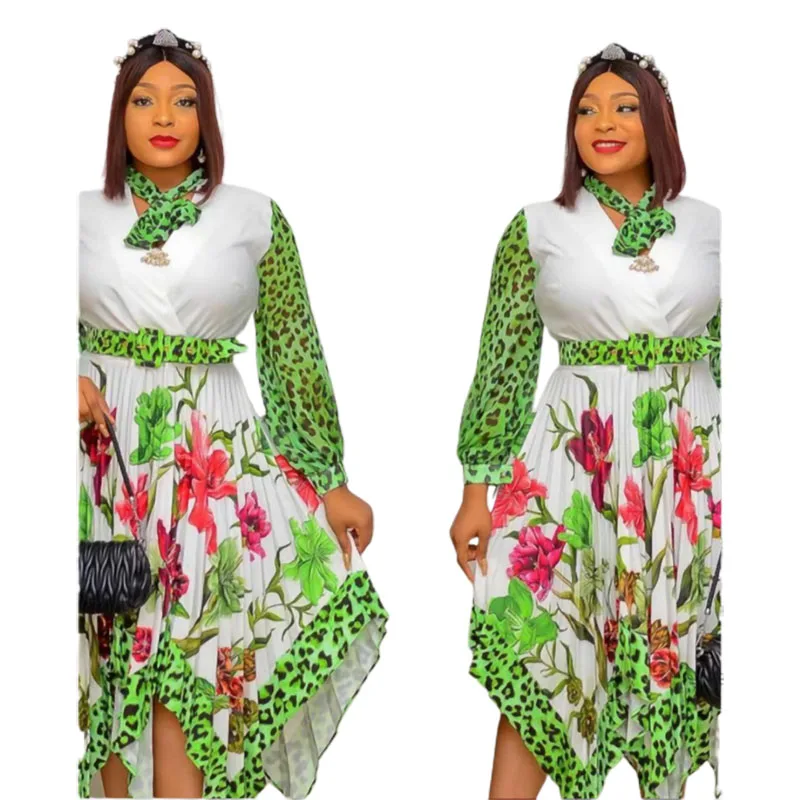 XL-4XL 2022 Summer African Women Long Sleeve V-neck Printing Plus Size Knee-length Dress  African Dresses for Women