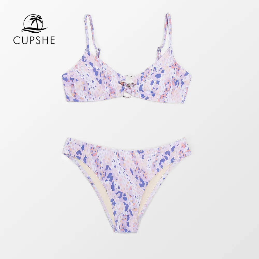 Купальник CUPSHE Purple Leopard Low Waist Bikini Set для женщин, сексуальный крой с завязкой на спине, две части пляжной одежды 2023 года, купальный костюм, плавательная одежда.