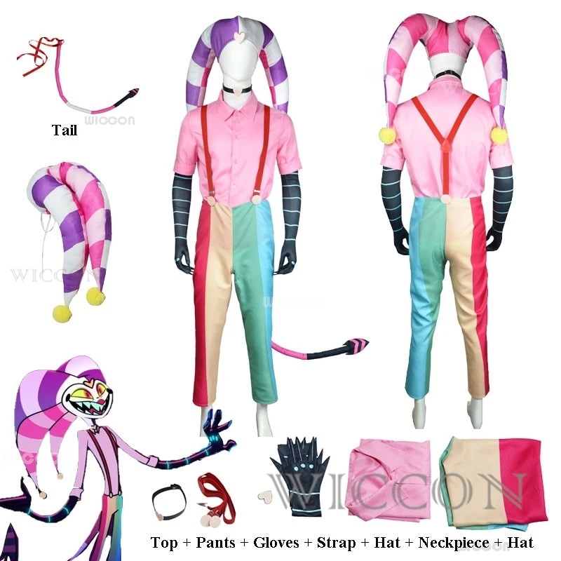 Helluva S2 Fizzarolli Косплей Костюм Шляпа Босс Радуга Подтяжки Брюки Комбинезон Хэллоуин