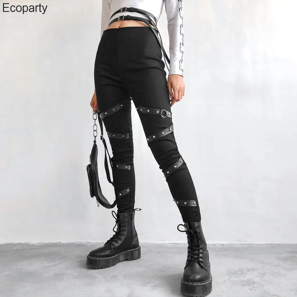 

2022 Rivet Patchwork Gothic Punk Women Pants Skinny Solid Casual High Waist Loose Skinny Elastic Trousers Pockets Full Pants