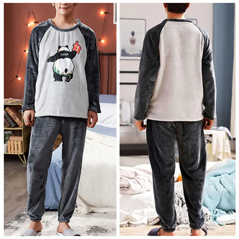 2022 Winter Long Sleeve Thick Warm Flannel Pajama Sets For Men Coral Velvet Cute Cartoon Sleepwear Suit Pyjamas Homewear Clothes