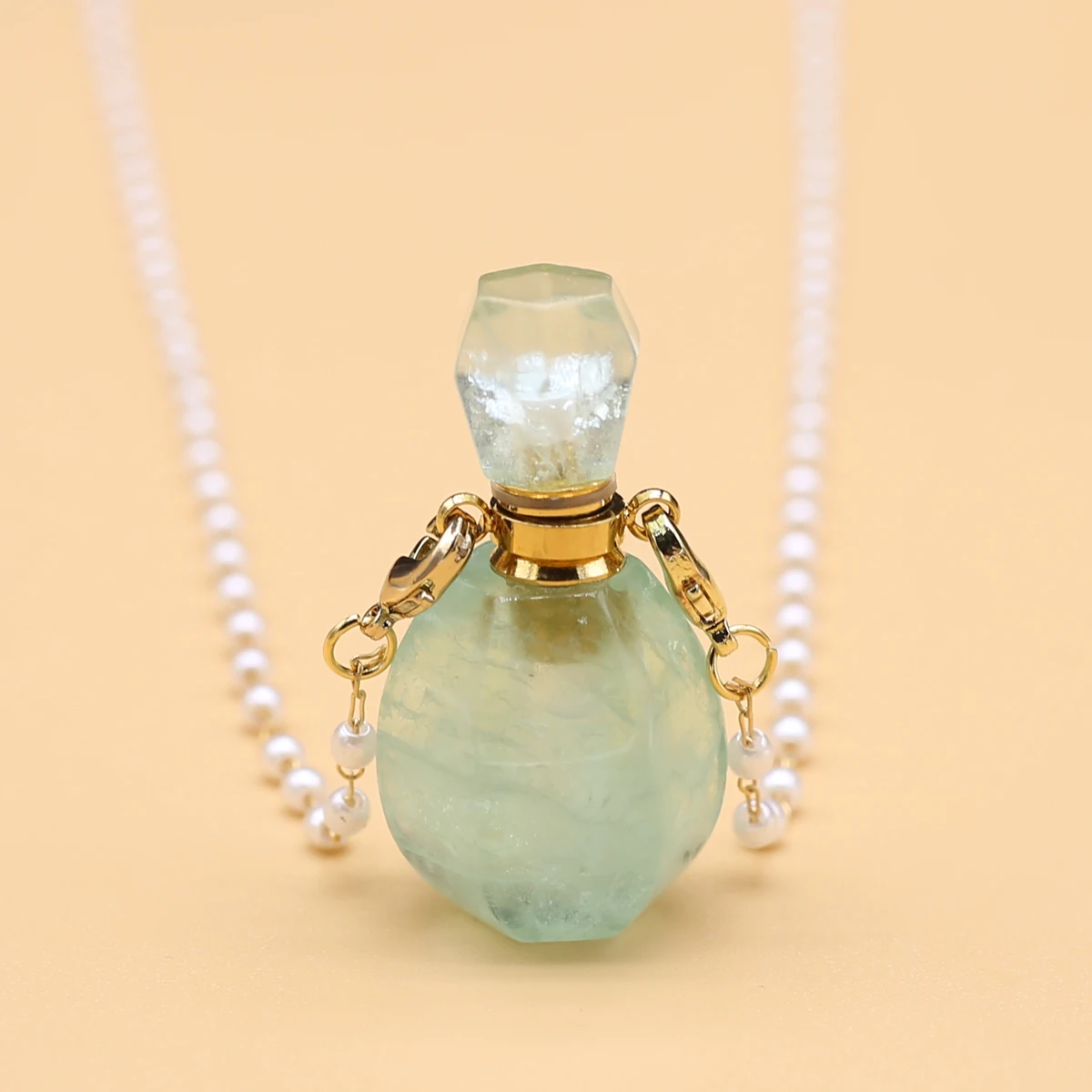 

Natural Stones Fluorite Perfume Bottle Pendant Necklace Charm Pearl Chain Necklaces for Women Jewelry Handmade Crafts 18x35x12mm