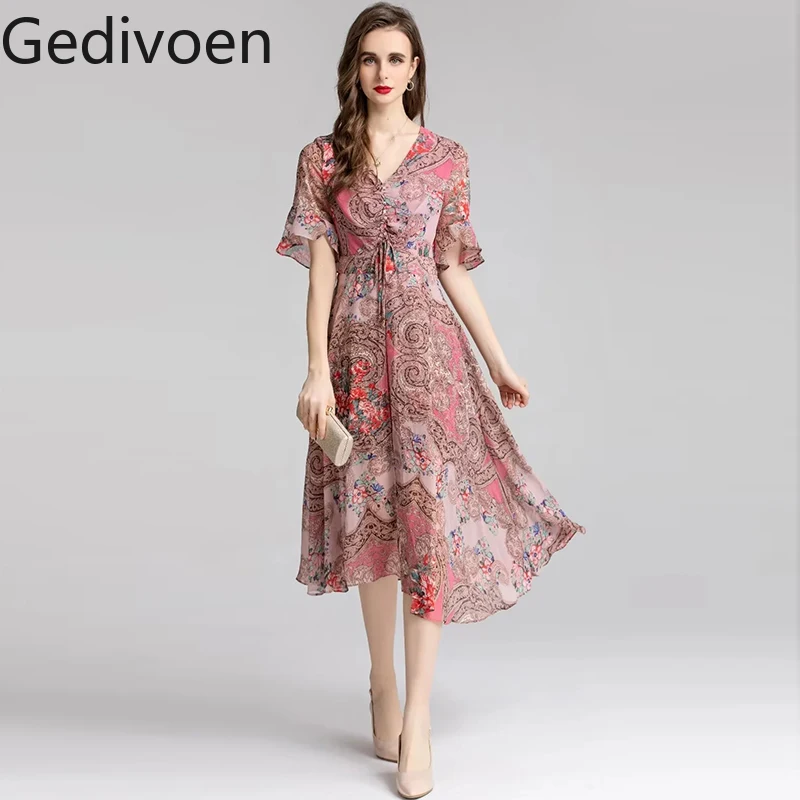 

Gedivoen Fashion Runway dress Summer Women Dress V-neck Short sleeve Single-breasted Floral print Vintage Party Dresses