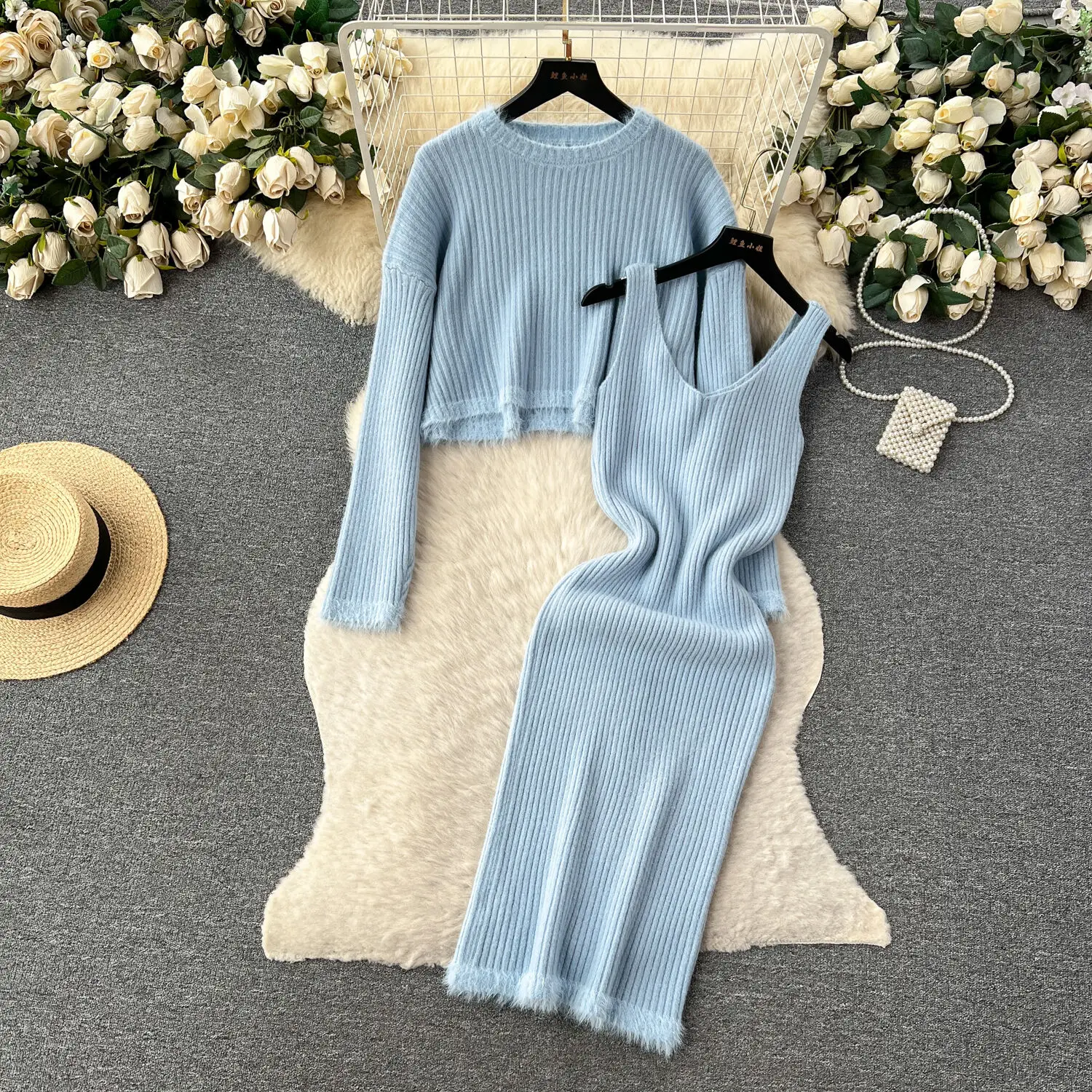 

Женский трикотажный комплект из двух предметов, винтажный свитер с длинным рукавом и укороченный свитер, эластичное платье на осень и зиму