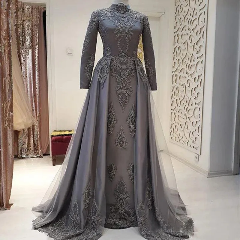 

Мусульманские темно-серые кружевные вечерние платья с высоким воротом исламские с длинным рукавом Дубай арабское платье для выпускного вечера Формальные женские вечерние платья для свадьбы