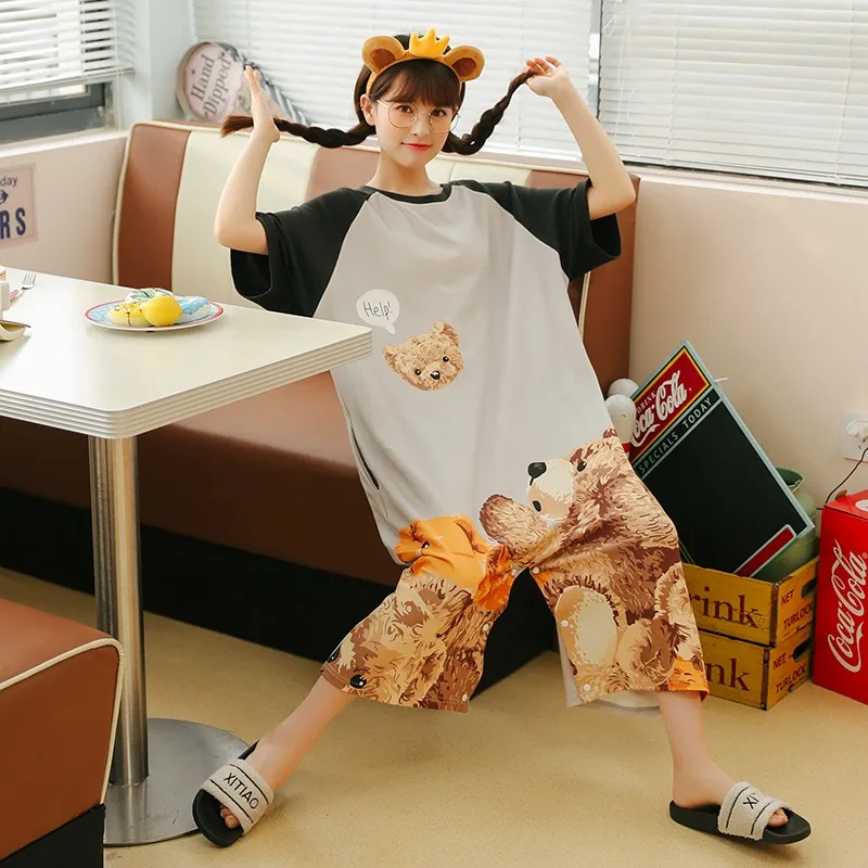 Onesie Pajamas Women's Summer Cotton Short-Sleeved Thin Student Cute Nightdress Short Sleeve