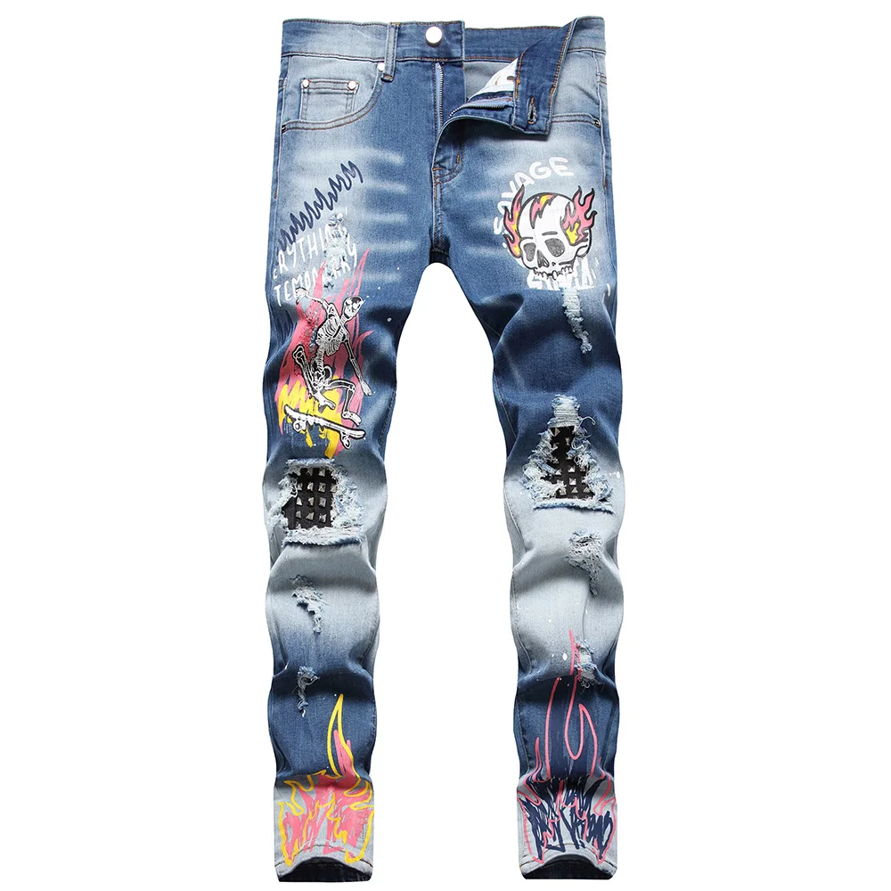 

Men Skull Flame Printed Denim Jeans Streetwear Skateboard Rivet Punk Stretch Pants Ripped Patchwork Slim Straight Trousers