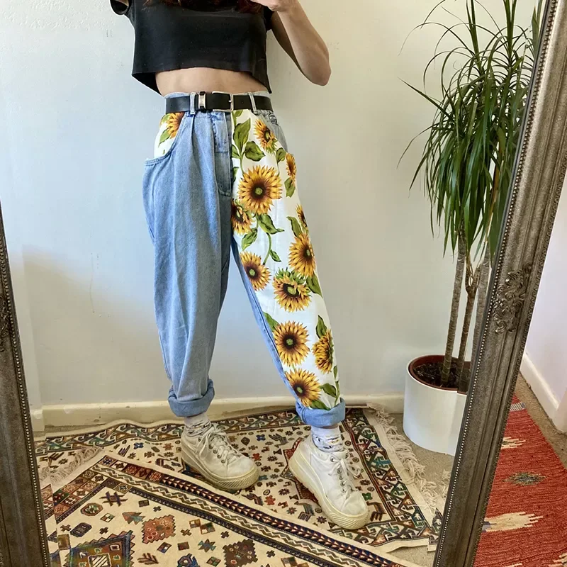 

2022 New Trend Sunflowers Printed Light Blue Jeans fit women young Girls soft denim long pant patchwork Harem hight waist jeans