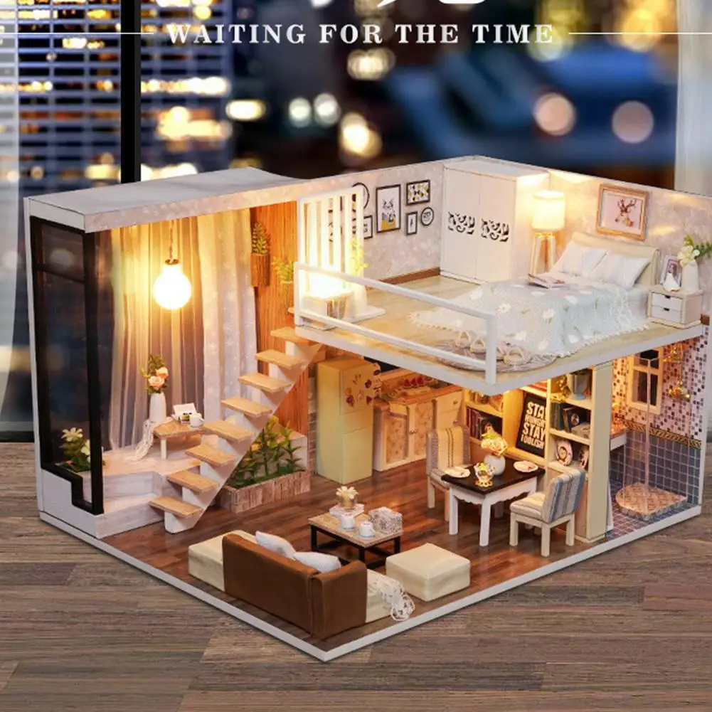 

Деревянный домик «сделай сам», набор для кукольного домика, миниатюрная мебель с маленьким подарком, деревянные игрушки, светодиодный дом ...