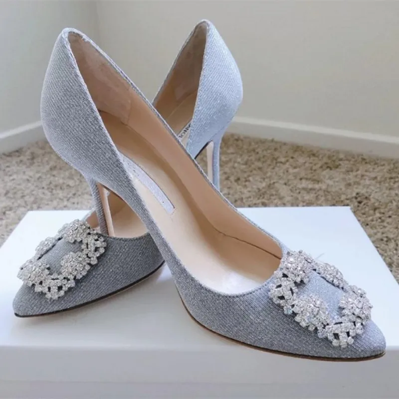 Fashion Women's Single Shoes Spring and Summer New Style Rhinestone Square Buckle Flat Bottom Pointed Party High Heels