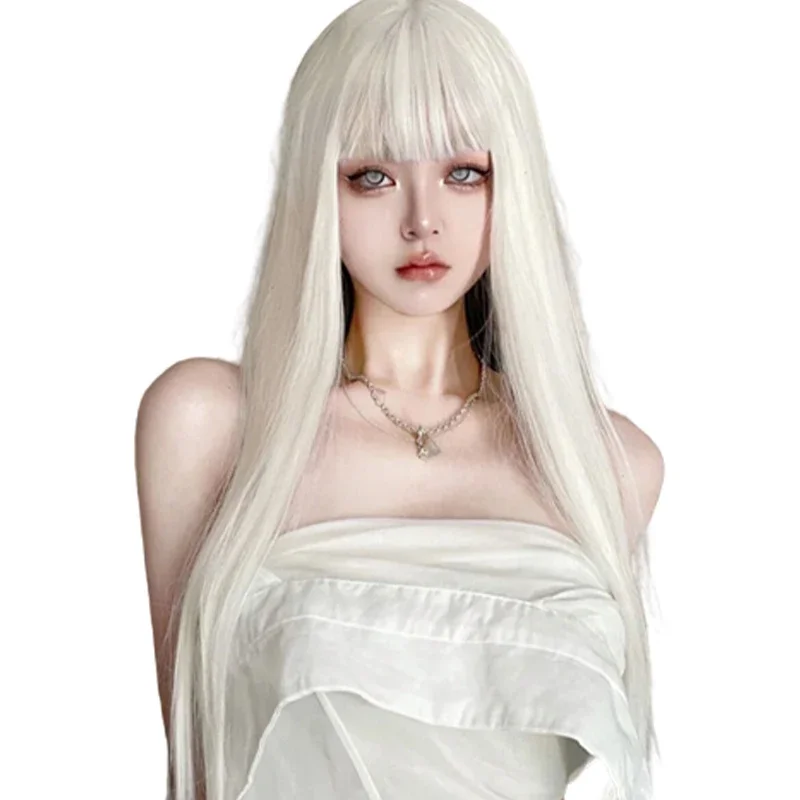 

70cm Wig White Long Hair Straight Girl Natural Versatile Versatile Multi-color Cos Daily Air Bangs School Closure Wigs for Women