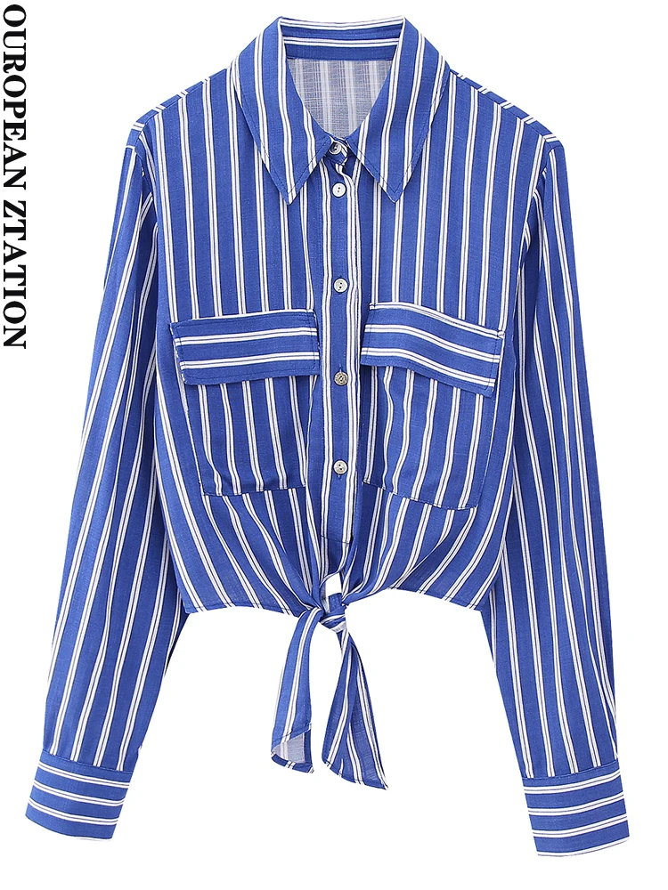 

PAILETE Women 2023 fashion with knot striped cropped shirts vintage long sleeve button-up female blouses blusas chic tops