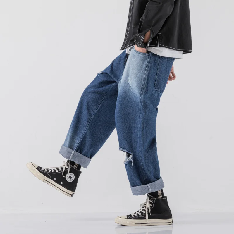 

Spring And Summer 2022 New Fashion Denim Teenagers Men's Korean Style Loose Trend Trousers Fashion Ripped Youth Jeans Men