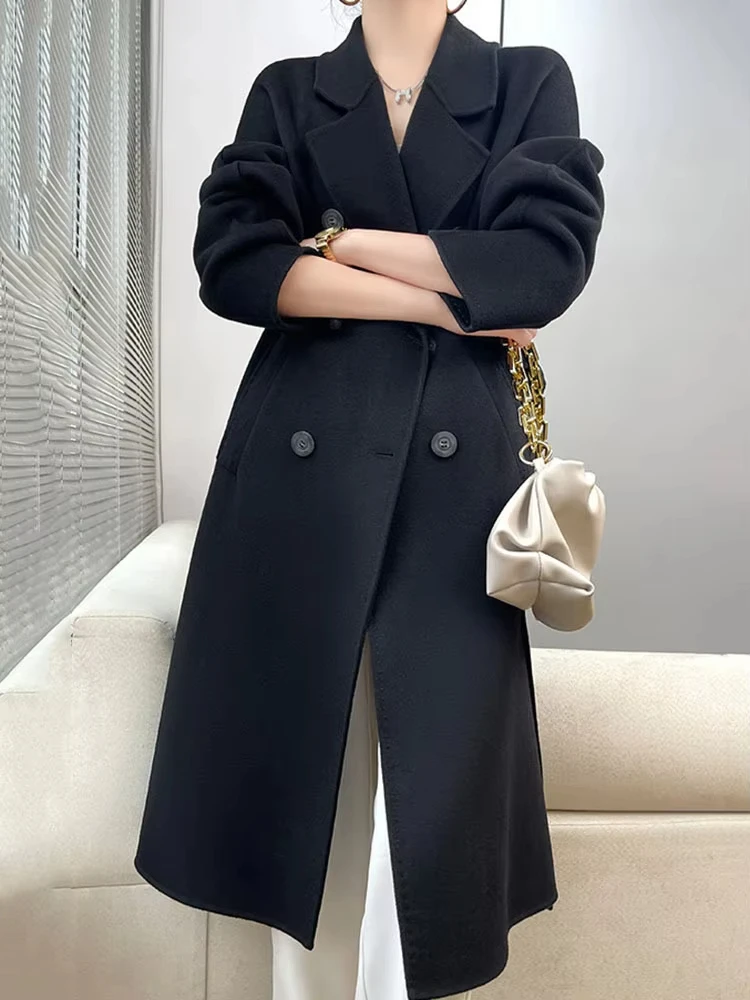 Модное женское пальто из 90% шерсти с лацканами свободное двубортное длинными