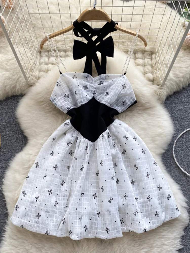 

Женское пикантное платье на бретельках с жемчужным принтом, женское лоскутное платье с бантом и лямкой на шее, милое пляжное мини-платье для отпуска выше колена YQ014 2022