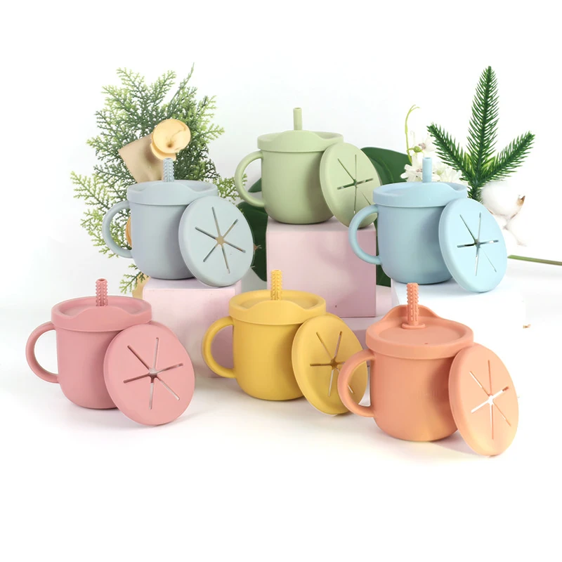 

New Baby Learn to Drink Cups Infant Silicone Water Cups With Straw Leak-Proof Baby Cups Bottle Child Solid Color Snack Cup 2in1