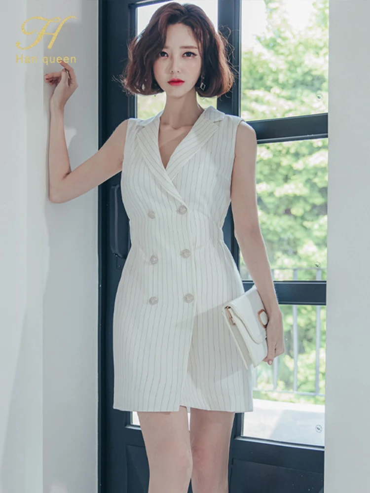 

H Han Queen Summer Women Simple Striped Double Breasted Dresses Office Bodycon Sheath Dress Korean Elegant Casual Party Vestidos