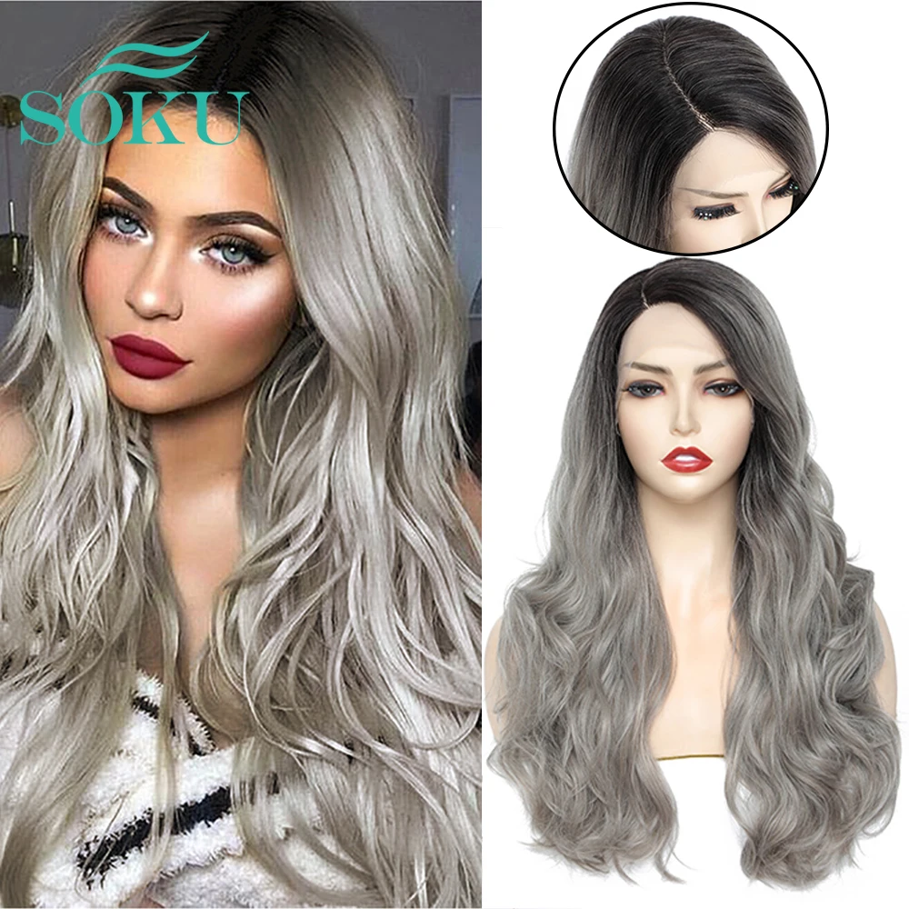 

Парик на шнурках для чернокожих женщин SOKU, синтетические волосы серого цвета с натуральными волнами, 18 дюймов, высокотемпературное волокно, L часть, парик на шнурке