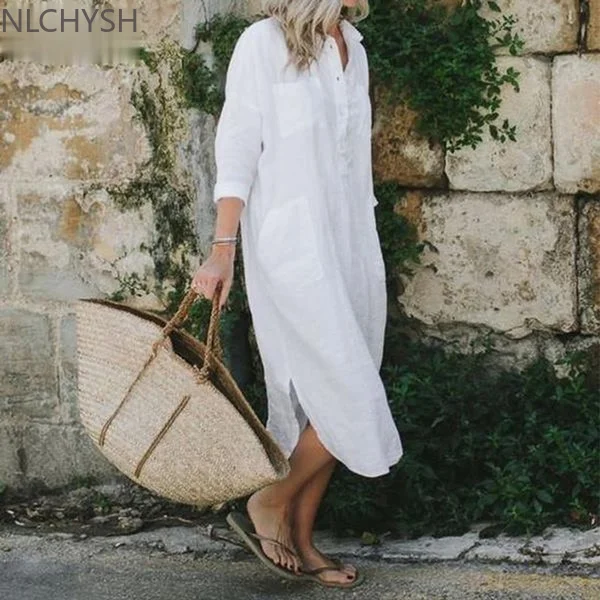 

Платье-рубашка женское однотонное с длинным рукавом, повседневный свободный сарафан с отложным воротником, на пуговицах, с Боковым Разрезо...