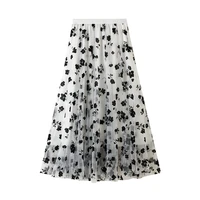 fashion floral tulle skirt womens spring summer high waist pleated skirts ladies a line maxi skirt female y2k midi length skirts