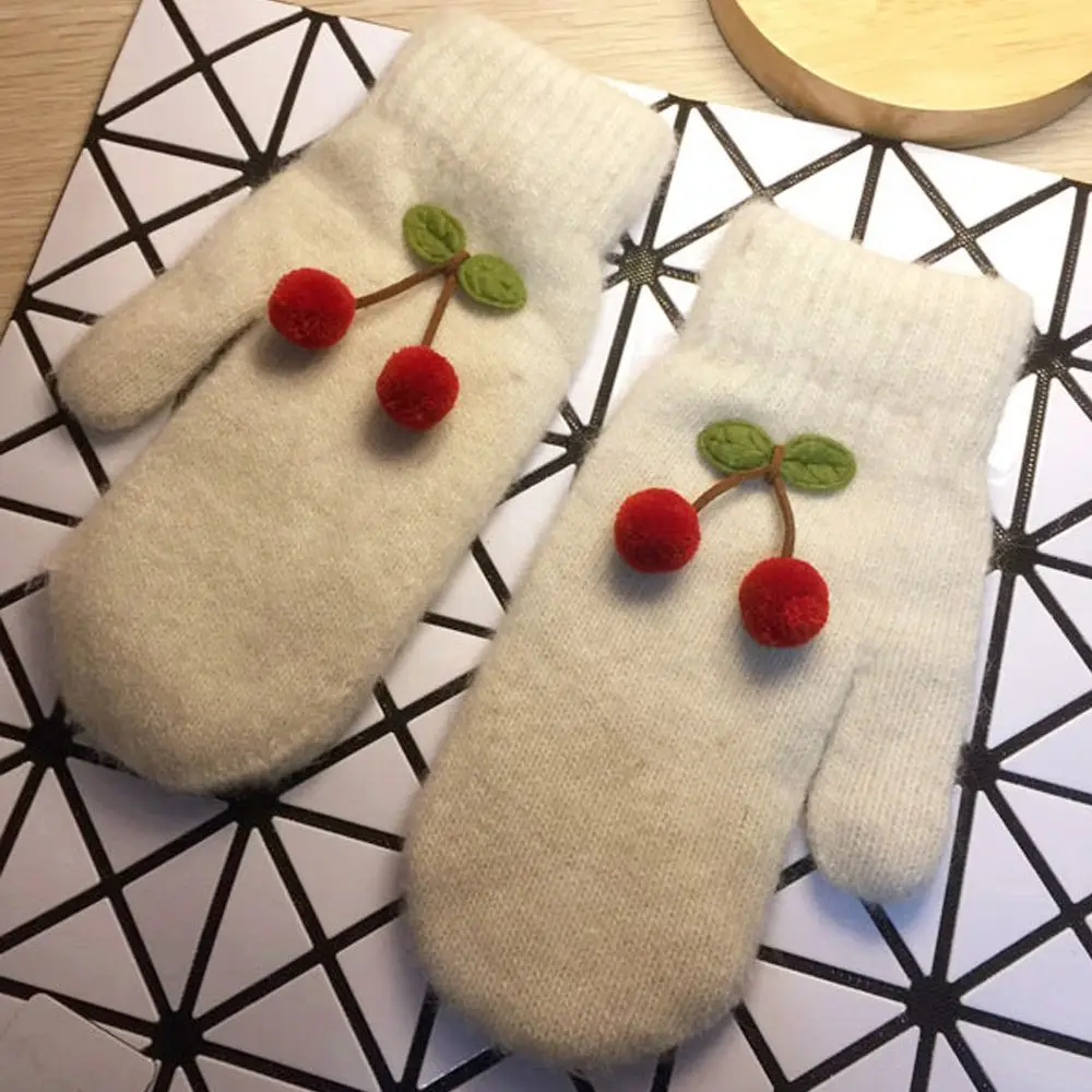 

Warm Winter Inside Thicken Windproof Double Layer Cherry Knitting Gloves Rabbit Hair Mittens Full Finger Plus Velvet