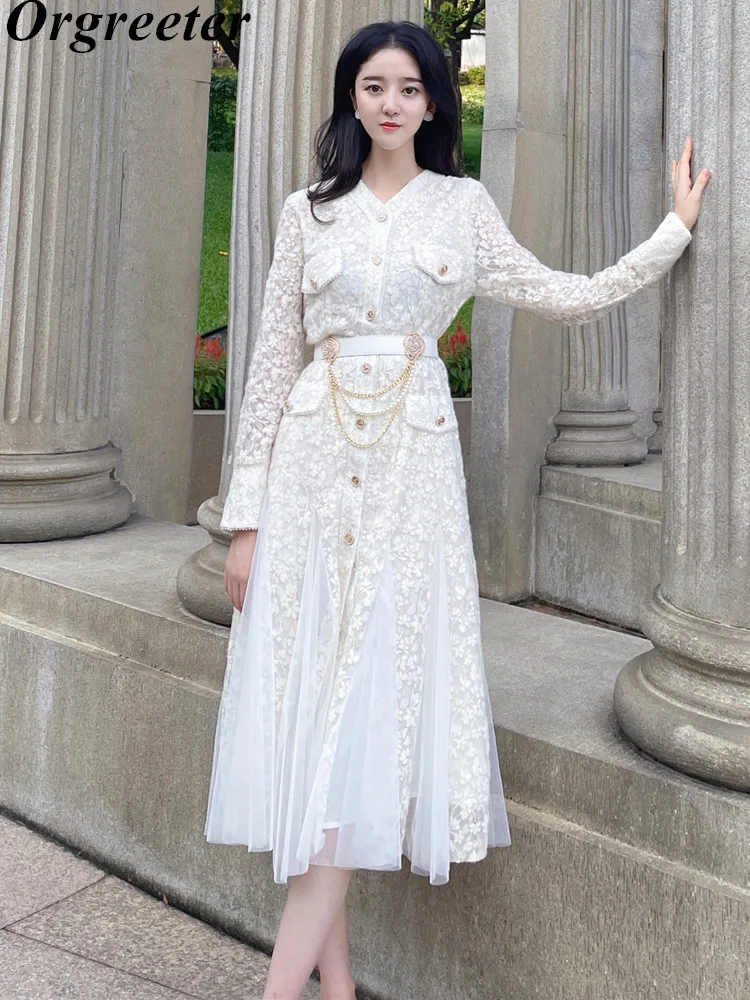 

French V-neck Lace Splicing Mesh Fishtail Flounce Inlaid With Diamonds Chain Waist Belt White Dress Ladies 2023 Spring New Robe