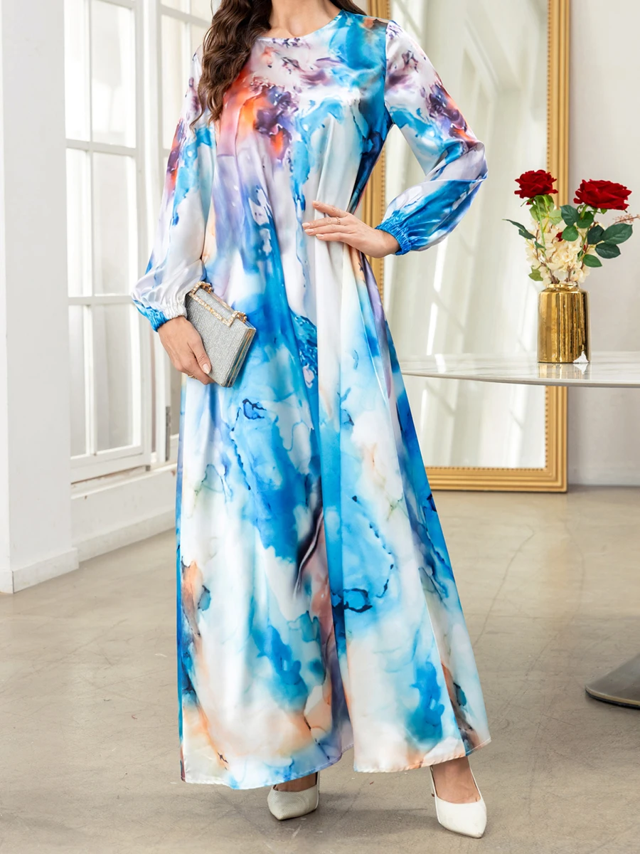 Женское богемное длинное платье-кафтан халат с длинным рукавом и круглым вырезом