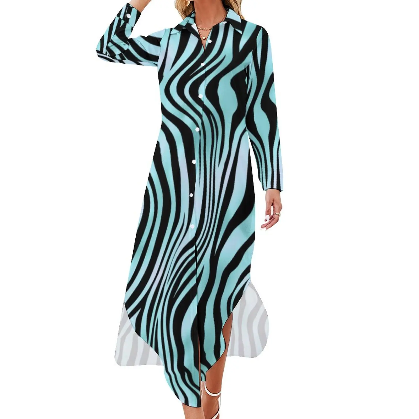 

Zebra Stripe Turquoise Teal Casual Dress Animal Print Street Wear Dresses Long Sleeve Elegant Lady V Neck Oversize Chiffon Dress