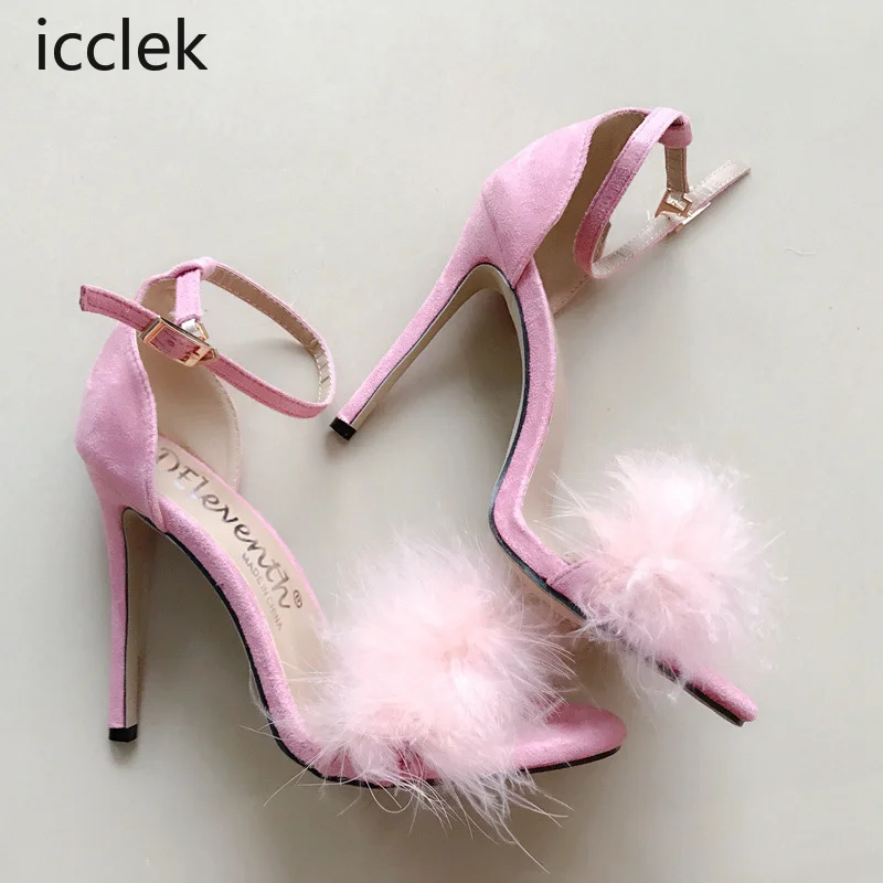 2023 Ladies Sandals Feather Super High Heel Sandals Open Toe Ladies Slippers Banquet Wedding Party Shoes Ladies Large Size 35-43