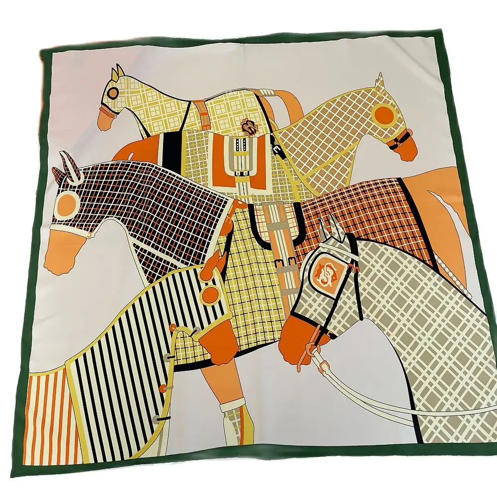 

Five Horses Women Shawl Brand Hijab Scarf Handmade Curled Head Scarves For Lady 90cm*90cm Foulard Twill Silk Square Scarf