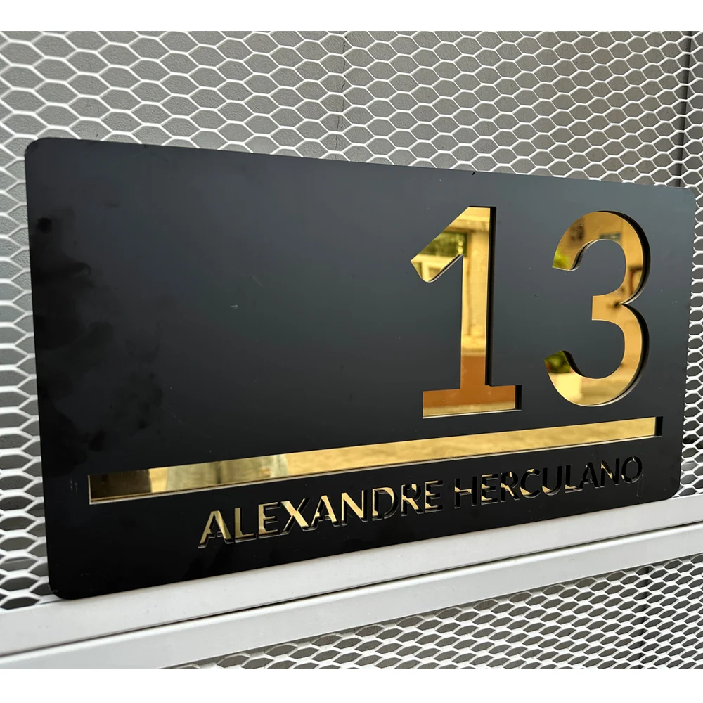 

Custom 3D Door Sign Laser Cut Acrylic Mirror Text Modern Floating House Number Sign Outdoor Street Family Name Plates Mat