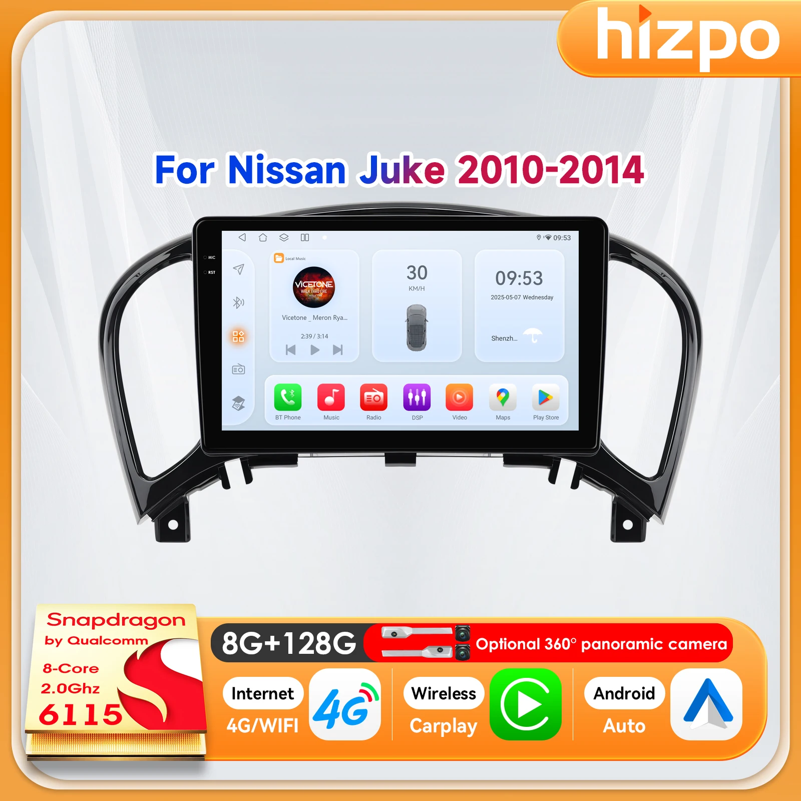 Фото Автомагнитола Hizpo 9 дюймов с навигацией для Nissan JUKE 2010-2014, интеллектуальные системы, беспроводной CarPlay, 8 ГБ ОЗУ, 128 ГБ ПЗУ, GPS, DSP, Wi-Fi, 4G №1