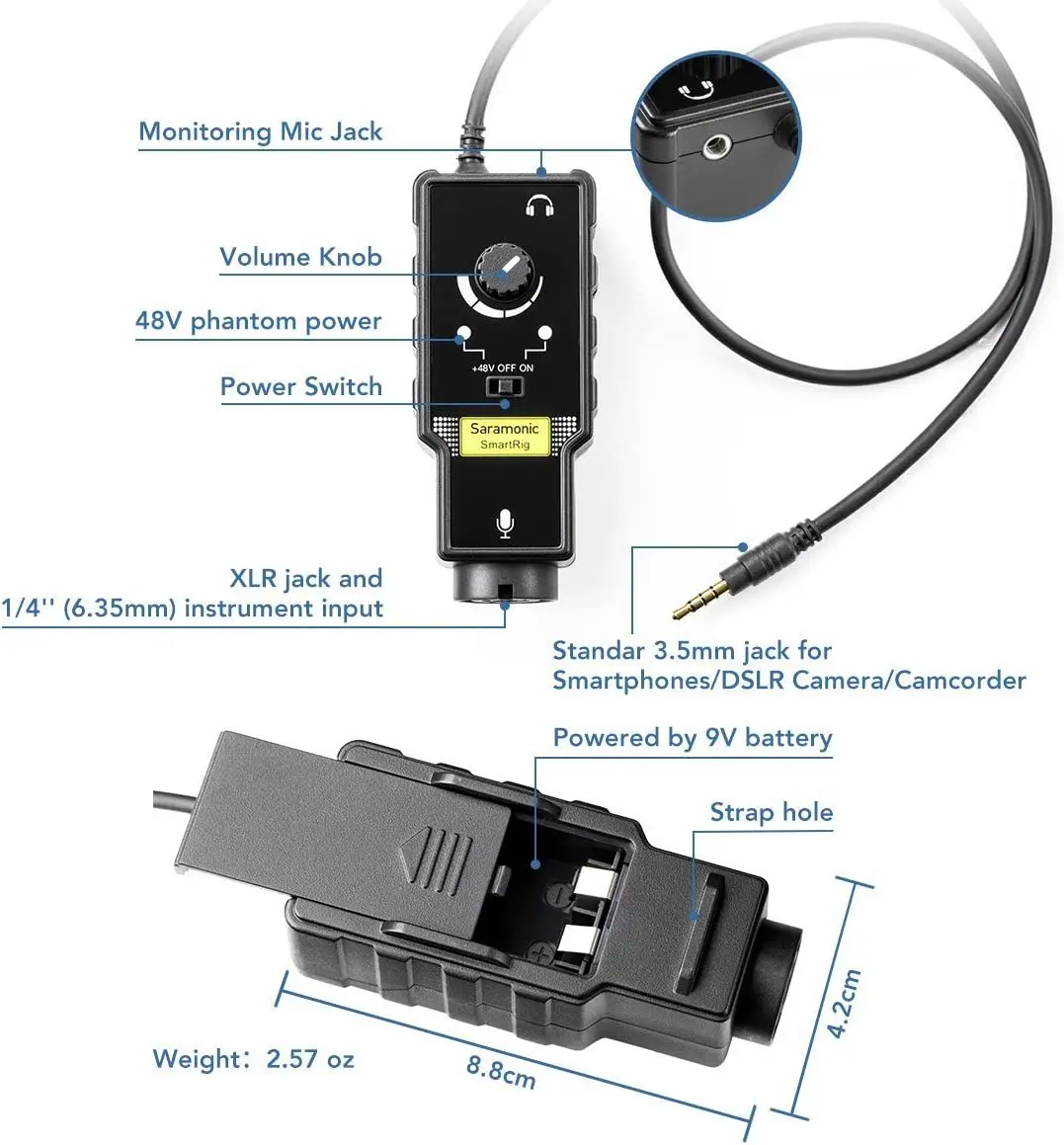 Saramonic SmartRig II Professional Mic&Guitar Interface Preamplifier Audio Adapter Mixer for iPhone iPad Android devices