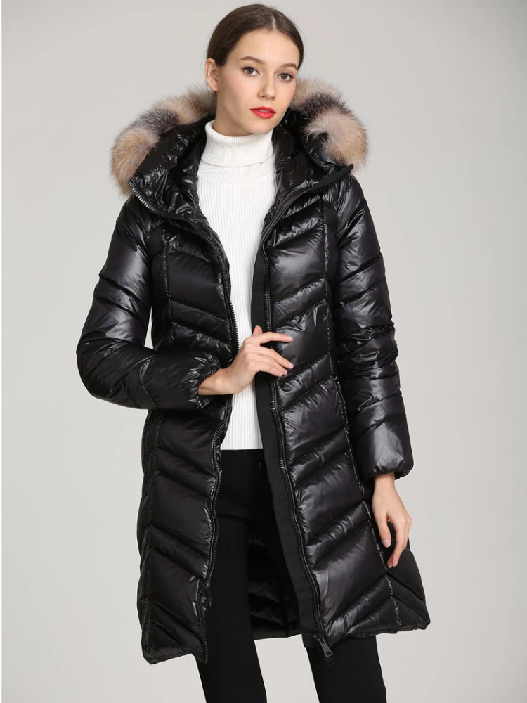 

2022 Long Winter Women Coat White Duck Down Loose Real Natural Raccoon Fur Collar Hooded Casual Warm Simple Fashion Outerwear