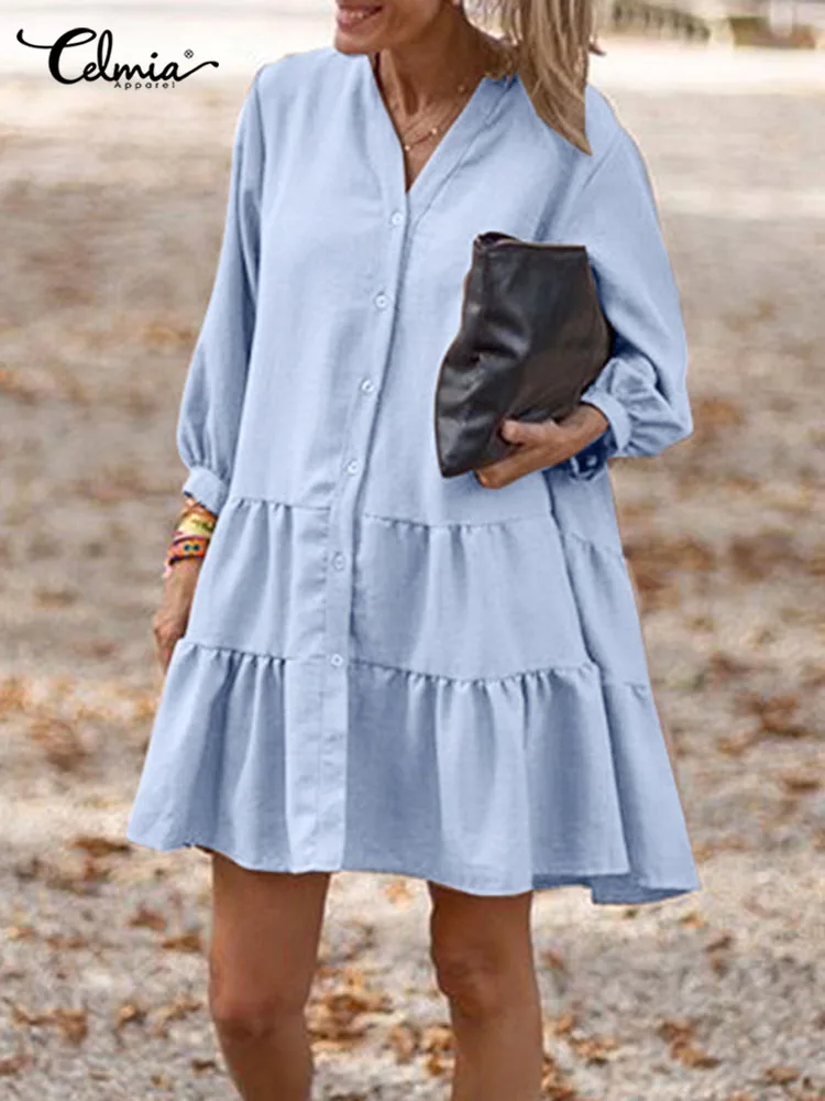 

Celmia Fashion Women Shirt Dresses 2023 Spring Solid Color Casual Loose 3/4 Sleeve Swing Dress Tiered V Neck Mini Vestido