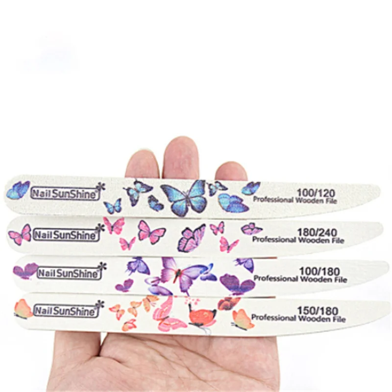 

4/10Pcs/Lot Wood Nail Files 100/120/150/180/240 Butterfly Printed Strong Sandpaper White Wood Files Buffer UV Gel for Real nail