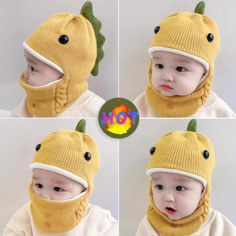 

Winter knit Baby Knitted Hat scarf one-piece Hats Kids Girl Boy Beanies Caps Warm dinosaur Earflap Hats for Children