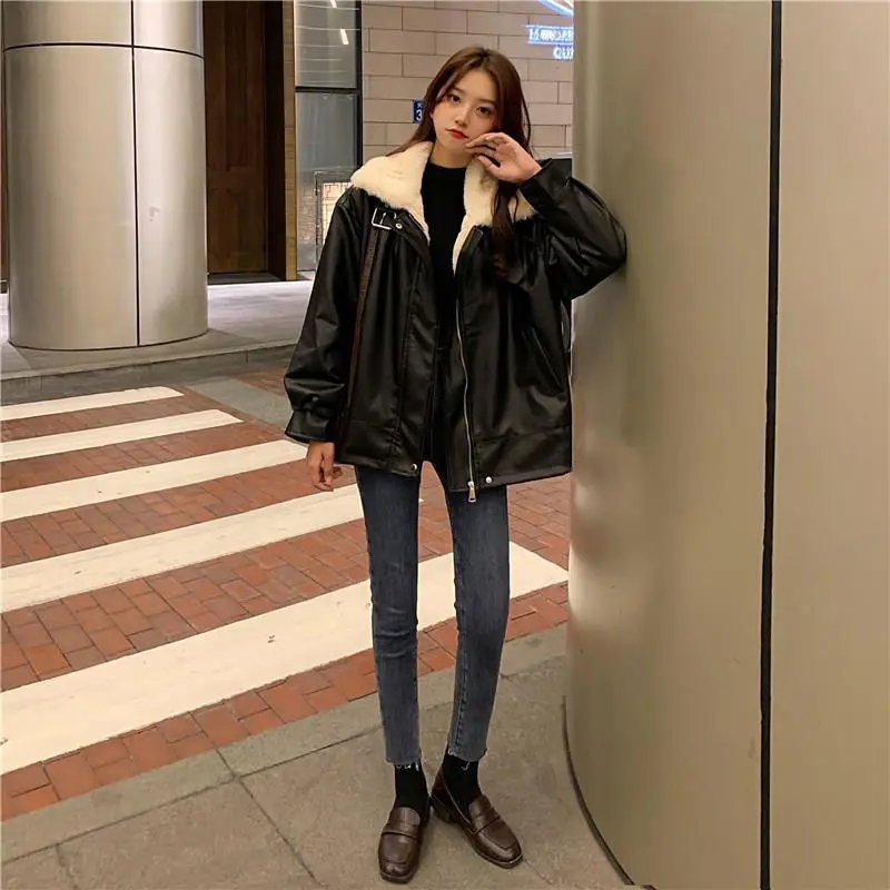 Autumn  winter 2022 Korean fashion loose plush thickened medium long faux fur wool long sleeved PU leather coat for women